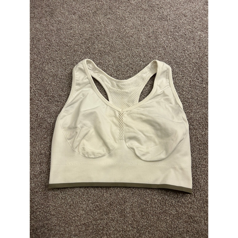 Zella Sports Bra Womens Medium Cream Excellent Racerback Seamless Mesh Trim